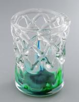 Fátyolosan színezett iparművész hutaüveg váza, áttört részekkel, jelzés nélkül, hibátlan, m: 15,5 cm