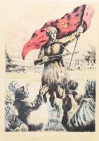 Péczely Antal (1891-1960): Szovjet katona. Színezett rézkarc, papír, jelzett, kissé foltos. Üvegezett, kissé sérült fakeretben, 38×27 cm