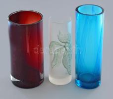 3 darab klf üveg hengerváza, közte minimális pattogzással, m: 21 cm alatt