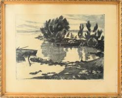 Csurgói Máté Lajos (1931-2001): Hullámgát (Horgászok a Balatonon), 1960. Rézkarc, papír, jelzett. Üvegezett fakeretben, 28×38 cm