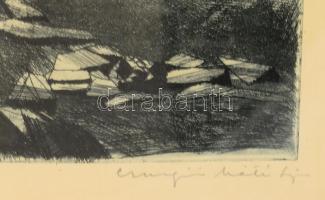 Csurgói Máté Lajos (1931-2001): Hullámgát (Horgászok a Balatonon), 1960. Rézkarc, papír, jelzett. Üv...