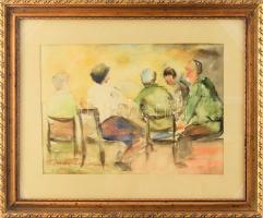 Tömösváry Béláné Aranka (-), működött a XX. sz. közepén-végén: Társaság. Akvarell, papír, jelzett. Üvegezett, dekoratív fakeretben, 27,5×38,5 cm