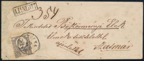 ~1874 Réznyomat feketésbarna (?) 15kr ajánlott levélen "MÁTÉ SZÁLKA" - "NAGY-KÁROLY" - "SZATMÁR" (45.000?)