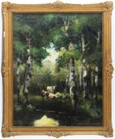 Olvashatatlan (Ilnitzky?) jelzéssel: Marhák az erdőben. Olaj, vászon. Dekoratív, kissé sérült fakeretben, 50×40 cm