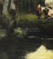 Olvashatatlan (Ilnitzky?) jelzéssel: Marhák az erdőben. Olaj, vászon. Dekoratív, kissé sérült fakere...