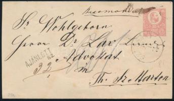 ~1874 Réznyomat képbe fogazott 10kr 5kr díjjegyes boríték hátoldalán, ajánlott levélként "SZUCSÁNY" (GUDLIN 250 pont) - "THURÓCZ SZ. MARTON"