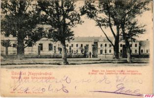 1901 Nagyvárad, Oradea; Magyar királyi honvéd huszár laktanya. Helyfi László kiadása / K.u.k. hussar military barracks (ragasztónyom / glue mark)