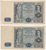 Lengyelország 1936. 20Zl (2x) sorszámkövetők "CI 6994149 - CI 6994150" T:F erős papír, folt Poland 1936. 20 Złotych (2x) consecutive serials "CI 6994149 - CI 6994150" C:F strong paper, spotted Krause P#77
