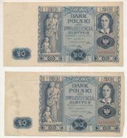 Lengyelország 1936. 20Zl (2x) egy ugrásos sorszámkövetők "CX 7355321, CX 7355323" T:F erős papír, folt Poland 1936. 20 Złotych (2x) consecutive serials with one leap "CX 7355321, CX 7355323" C:F strong paper, spotted Krause P#77