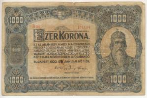 1920. 1000K "Orell Füssli Zürich" nyomdahely-jelöléssel, "B 06 101184" sorszámmal T:F,VG Hungary 1920. 1000 Korona "Orell Füssli Zürich", with "B 06 101184" serial number C:F,VG Adamo K36, Krause P#66
