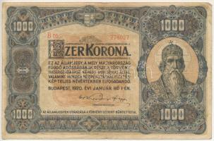 1920. 1000K "Orell Füssli Zürich" nyomdahely-jelöléssel, "B 05 278027" sorszámmal T:F Hungary 1920. 1000 Korona "Orell Füssli Zürich", with "B 05 278027" serial number C:F Adamo K36, Krause P#66
