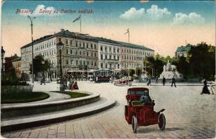 Pozsony, Pressburg, Bratislava; Savoy és Carlton szálloda, villamos, automobilos montázs. J. v. B. P. 1916/20. / hotels, tram, automobile montage (fl)