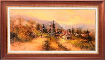 Jakubik István (1968-): Mátrai falu. Olaj, farost, jelzett. Dekoratív fakeretben. 40x80 cm