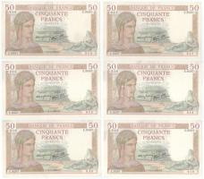 Franciaország 1938. 50Fr (6x) sorszámkövető "E.8587 614 - E.8587 619" T:VF,F szép papír, egyiken tollal írt szöveg /  France 1938. 50 Francs (6x) consecutive serials "E.8587 614 - E.8587 619" C:VF,F fine paper, text wrote with pen on one Krause P#85