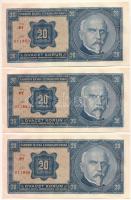 Csehszlovákia 1926. 20K (3x) közeli sorszámok: "Pf 071850, Pf 071863, Pf 071866" T:UNC hullámos papír /  Czechoslovakia 1926. 20 Korun (3x) close serials "Pf 071850, Pf 071863, Pf 071866" C:UNC wavy paper Krause P#21