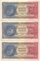 Csehszlovákia 1926. 20K (3x) közeli sorszámok: "Pf 071850, Pf 071863, Pf 071866" T:UNC hul...
