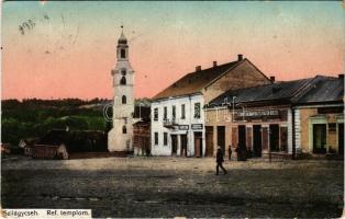 Szilágycseh, Cehu Silvaniei; Református templom, Lebovits Jenő és Lebovits Herman üzlete. Krémer Ignác kiadása / Calvinist church, shops (EB)
