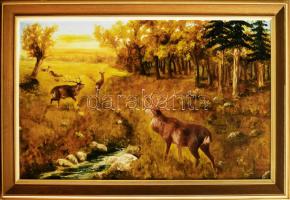 Lukács Gyula (1889-), felvidéki magyar festő: Szarvasok (vadászat témájú festmény). Olaj, vászon, jelezve jobbra lent. Dekoratív, kissé sérült fakeretben. 80x134 cm. KIZÁRÓLAG SZEMÉLYES ÁTVÉTEL, NEM POSTÁZZUK! / ONLY PERSONAL COLLECTION AT OUR OFFICE!