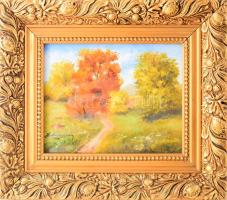 Lukács Gyula (1889-), felvidéki magyar festő: Napfényes táj. Olaj, vászon, jelezve jobbra lent. Dekoratív, üvegezett fakeretben. 16x20 cm