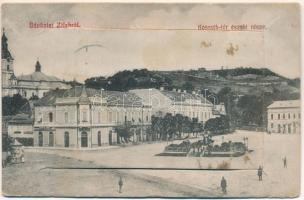 Zilah, Zalau; Kossuth tér. Leporellolap belül Wesselényi szobor és kollégium, templom, Tuhutum emlék, Vigadó, Turul emlék, Szikszay park, Törvényszék. Seres Samu kiadása / square. Leporellocard with statues, school, church, court (fl)