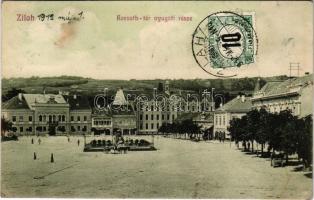 1912 Zilah, Zalau; Kossuth tér nyugati része, gyógyszertár, üzletek. Seres Samu kiadása / square, shops + portóbélyeg (gyűrődések / creases)