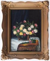 John Menges jelzéssel, XX. sz. eleje: Csendélet rózsákkal. Olaj, fa. Dekoratív fakeretben, 24×17,5 cm.