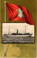 1904 Hegedűs Sándor egycsavaros tengeri személy és áruszállító gőzhajó. Szecessziós zászlós litho / Ungarisch-Kroatische See-Dampfschiffahrts Aktien Gesellschaft. Kunstanstalt Brüder Pick / Hungarian sea steamship. Art Nouveau flag litho