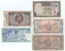 Vegyes, 9db-os külföldi bankjegyből álló tétel, közte Szingapúr DN(1987) 1$ + Laosz 1988. 500K, stb. T:F,VG közte az egyik kis anyaghiánnyal, közte 2db AU Mixed, 9pcs foreign banknote lot, including Singapore ND(1987) 1 Dollar + Laos 1988. 500 Kip, etc. C:F,VG including one with small missing material, in it 2pcs AU
