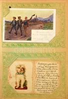 57 db RÉGI képeslap, 104 férőhelyes szecessziós képeslap albumba rendezve, főleg motívum képeslapok:...