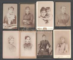 8 db hölgyeket ábrázoló vizitkártya, különféle műtermekből (közte Ellinger Ede, Pest; Mayer György, Bp.; Podleszny András, Kassa; stb.), vegyes állapotban