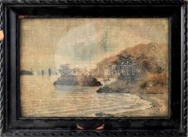 Jelzés nélkül, távol-keleti (japán?) alkotó, XIX sz. v. XX. sz. eleje: Vitorlások. Akvarell, tus, papír. Hátoldalán M. kir. Postatakarékpénztár 1930-40 k. raglapjaival. Üvegezett fakeretben. 18,5x27 cm.