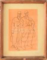 Gábor Jenő (1893-1968): Bányászok. Tus, papír. Jelzett. Üvegezett fakeretben. 27x19 cm