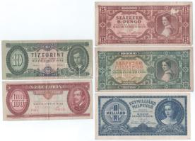 1946. 100.000MP + 1.000.000.000MP + 100.000BP + 1962. 10Ft + 1995. 100Ft T:F,VG, közte szép papír