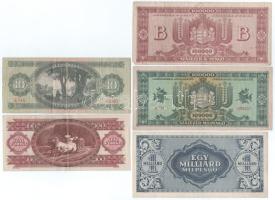 1946. 100.000MP + 1.000.000.000MP + 100.000BP + 1962. 10Ft + 1995. 100Ft T:F,VG, közte szép papír