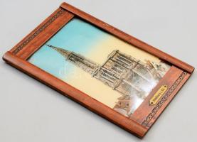 Szecessziós fa keretben a Strasbourg-i katedrális festett üveg ábrázolásával, 23x15 cm