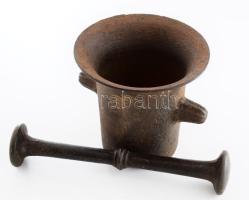 Antik vas mozsár, törővel, m: 11 cm, törő h: 20 cm