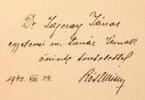 Róth Miksa: Egy üvegfestőművész az üvegfestészetről. A szerző és művész, Róth Miksa (1865-1944) magyar üvegfestő és mozaikművész által Jajczay János (1892-1976) művészettörténész, könyvtáros részére DEDIKÁLT, dátumozott példány. "Dr. Jajczay János egyetemi m. tanár úrnak őszinte tisztelettel Róth Miksa 1942. VIII. 24." Bp.,1942., Szerző, (Hungária-ny.), 46 p. Kiadói papírkötés, két lap kijár (35/36 p. és 37/38 p), ceruzás aláhúzásokkal, és egy lapon bejegyzéssel is.