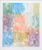 Szabó Vladimír (1905-1991): A gyűjtő. Színes rézkarc, papír, jelzett, számozott (3/100). Üvegezett keretben, 29,5x24 cm