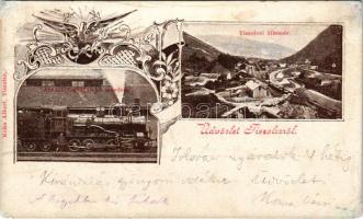 1900 Tiszolc, Tisovec; Abt-féle fogaskerekű vasút, vasútállomás. Kohn Albert kiadása / railway station, cogwheel railway. Art Nouveau, floral (r)