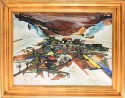 Ifj. Guti József Soma (1946-): A tél színei, 1977. Olaj, farost, jelezve jobbra lent. Hátoldalán Képcsarnok Vállalat címkéjével és autográf felirattal. Dekoratív, kissé sérült fakeretben. 60x80 cm.