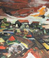 Ifj. Guti József Soma (1946-): A tél színei, 1977. Olaj, farost, jelezve jobbra lent. Hátoldalán Kép...