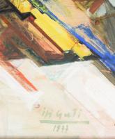 Ifj. Guti József Soma (1946-): A tél színei, 1977. Olaj, farost, jelezve jobbra lent. Hátoldalán Kép...