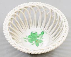 Herendi zöld Apponyi mintás fonott kosárka. Kézzel festett, jelzett, hibátlan, d: 11,5 cm, m: 4,5 cm