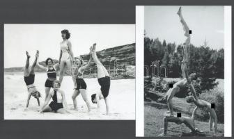 cca 1930 Fiúk és a lányok piramisépítő gyakorlata, 2 db modern nagyítás, jelzés nélkül, 21x15 cm és 15x21 cm