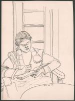 Nolipa István Pál (1907-1986): Irmuska tanul (a festő lánya), 1955. Tus, karton. Jelzett. 30x22 cm