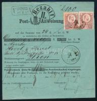 1874 1867-es típusú postautalványon 2 x Réznyomat 5kr bélyeg "KARLOVAC / KARLSTADT" - Wien