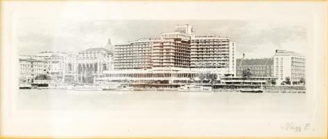 Nagy Zoltán (1916-1987): Budapesti panoráma, rézkarc, papír, jelzett, üvegezett fakeretben, 6×16,5 cm