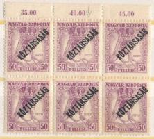 1918 Zita / Köztársaság 50f, ívszéli hatostömb, benne szakadt fátyol lemezhiba (gumiráncok)