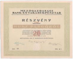 Románia / Kolozsvár 1942. "Mezőgazdasági Bank és Takarékpénztár" részvénye, egyenként, teljesen befizetett 20P-ről, szárazpecséttel, szelvényekkel T:XF Romania / Cluj-Napoca 1942. "Agricultural Bank and Savings Bank" shares, one for 20 Pengő each, fully paid, with embossed stamp, with coupons C:XF