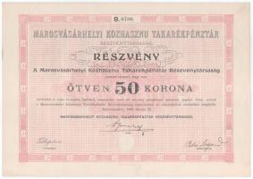 Marosvásárhely 1909. "Marosvásárhelyi Közhasznú Takarékpénztár Részvénytársaság" részvénye 50K-ról, szárazpecséttel és szelvényekkel T:AU, sarokhajlás